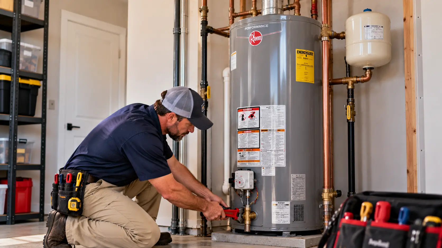 Residential plumber working on piping and connections beside a household water heater.