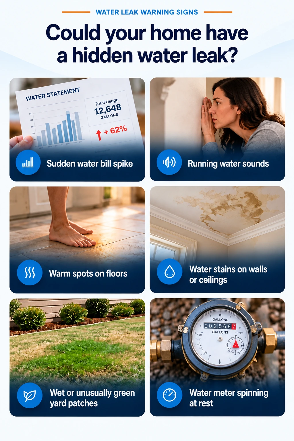 Six common warning signs of a suspected residential water leak.